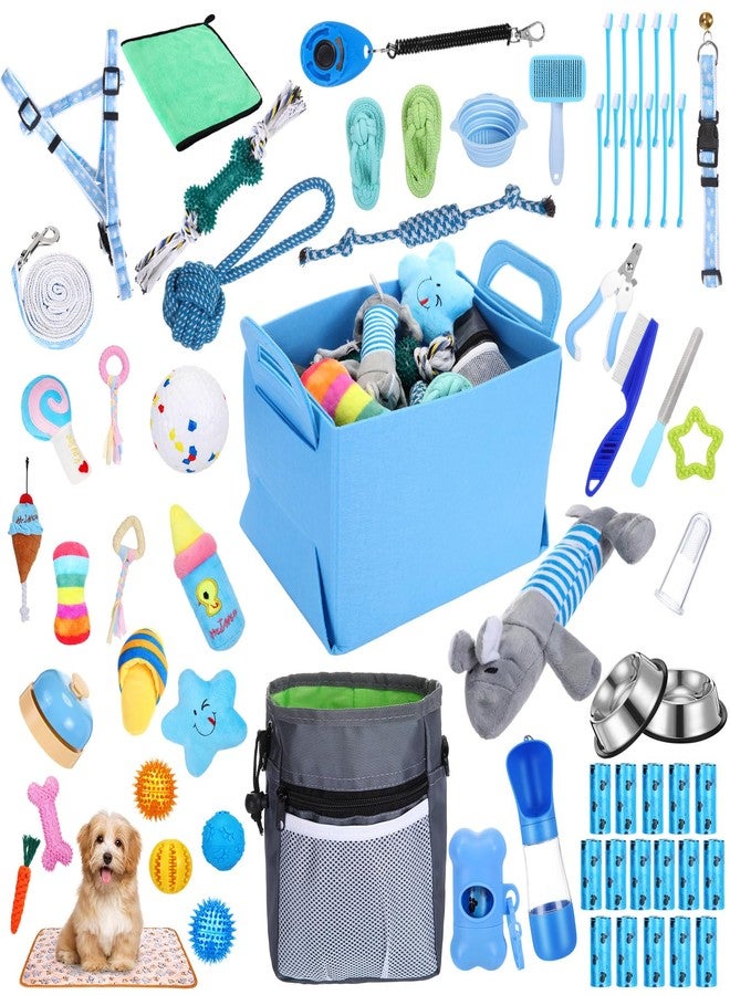 PullCrease مجموعة بول كريز المكونة من 65 قطعة من مستلزمات الجراء الأساسية للكلاب الصغيرة، تشمل مقودًا، وألعابًا، ووعاءً، وفرشًا، وزجاجات ماء، وبطانيات للحيوانات الأليفة، وإكسسوارات للجراء كهدية ترحيبية (لون أزرق رائع). - Image 1